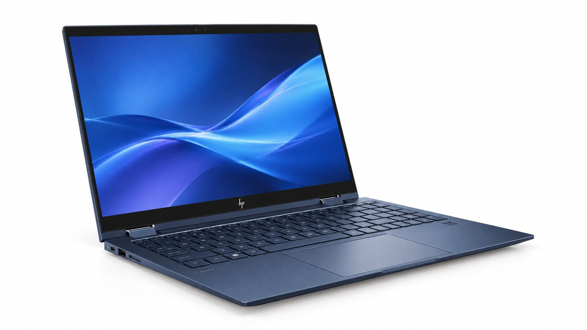 HP Elite Dragonfly G1 blue 2-in-1 laptop on a clean white background; generated catalog image.