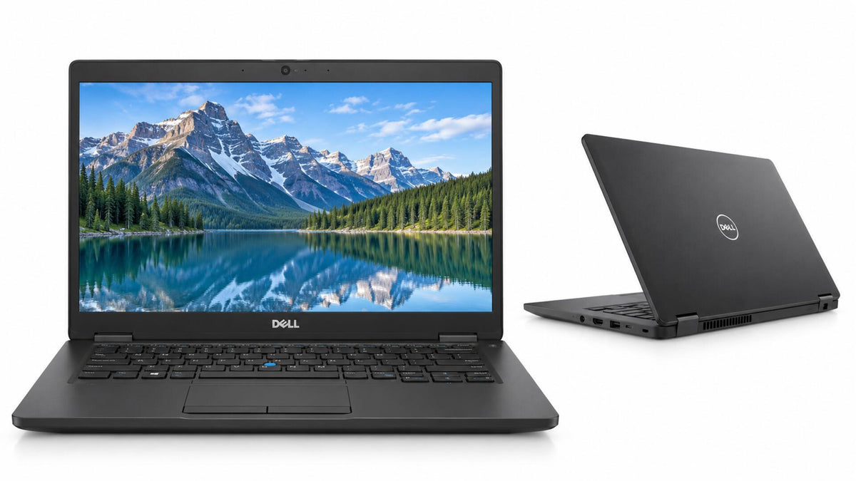 AI-generated illustrative product image of Latitude 5400 laptop, front and rear views
