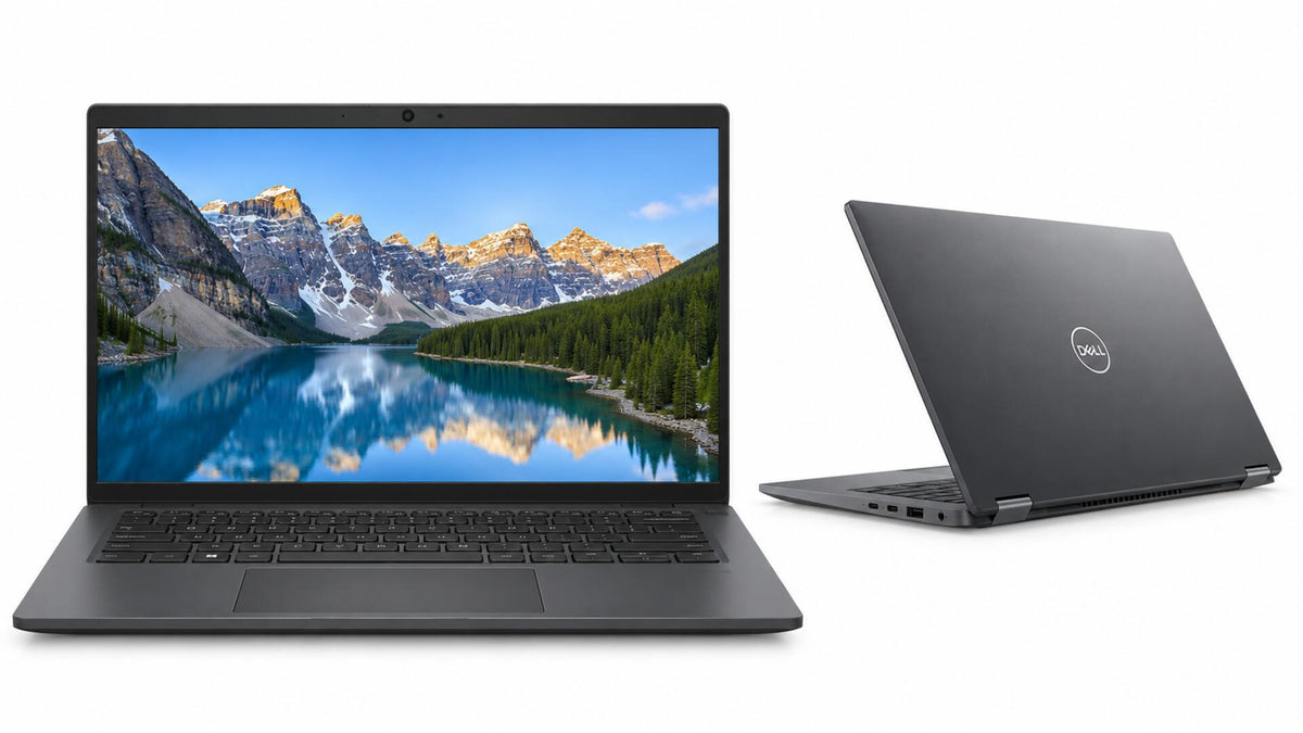 AI-generated illustrative product image of Latitude 7410 laptop, front and rear views