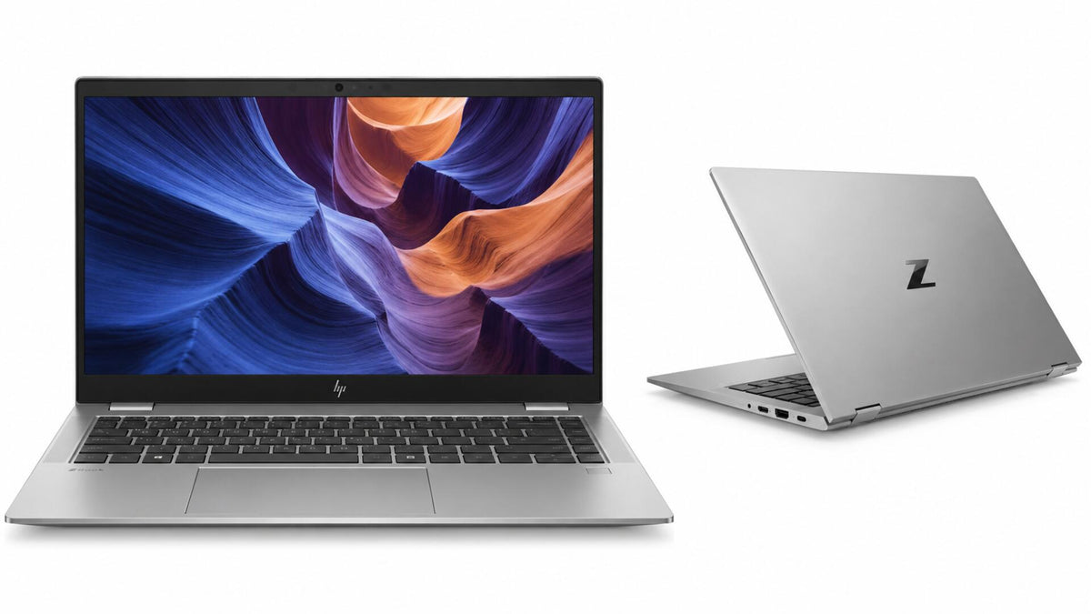 AI-generated illustrative product image of ZBook Firefly 14 G7 laptop, front and rear views