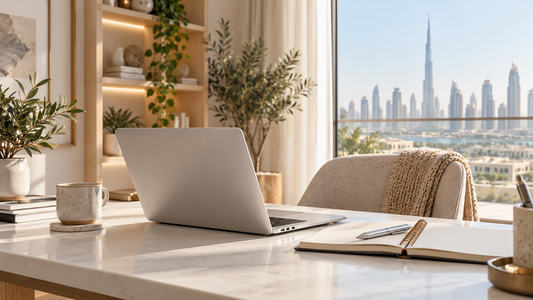 Laptop and study notes on a bright desk overlooking Dubai, illustrating a student laptop buying guide