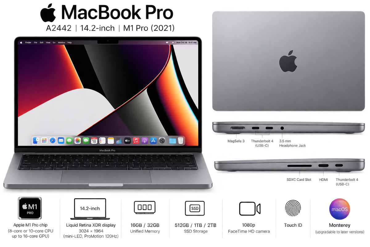 أبل MacBook Pro A2442 مقاس 14.2 إنش بمعالج M1 Pro (2021) | مجدد