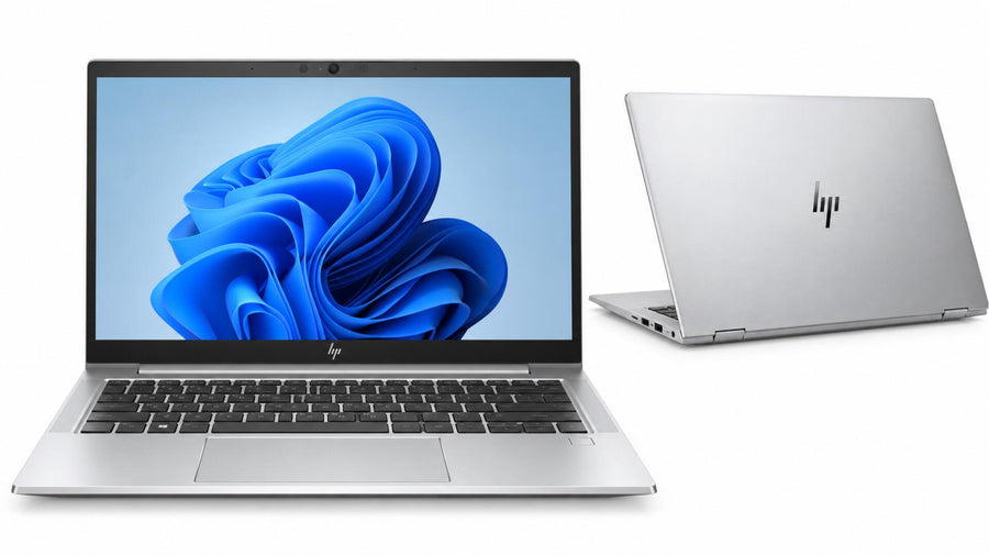 AI-generated illustrative product image of EliteBook 840 G7 laptop, front and rear views