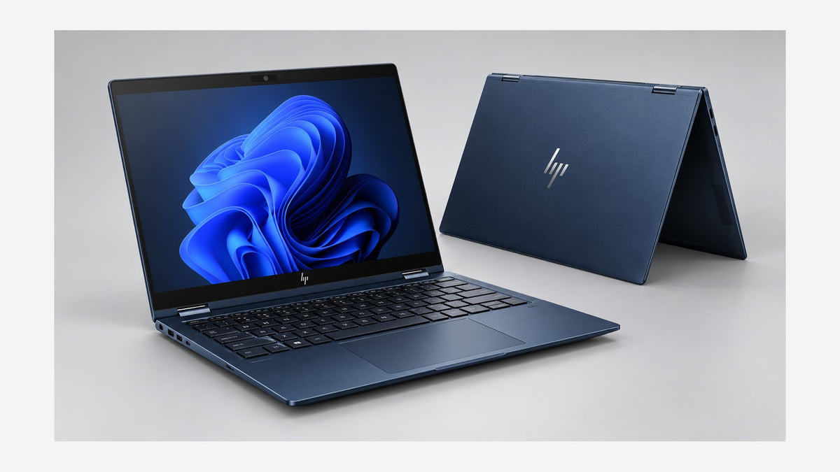 AI-generated illustrative image of the blue HP Elite Dragonfly Max 360-degree convertible laptop