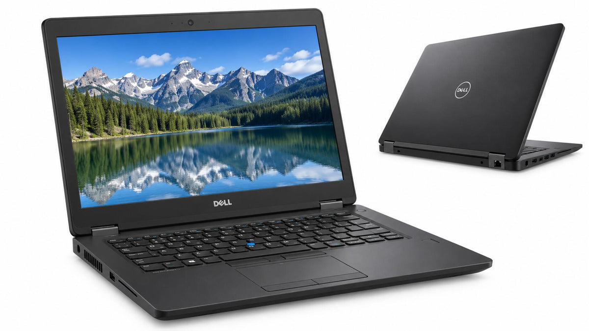 AI-generated illustrative product image of Latitude 5480 laptop, front and rear views